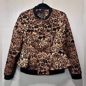 Trouve Women’s Leopard Print Diva Y2K-Glam Bomber Jacket Peplum Hem Size M
